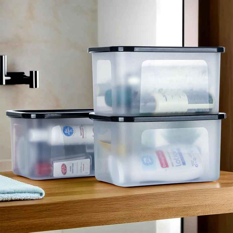 Kuber Industries 3 Pcs Small Plastic Boxes for Storage With Lid - Pooja & Office Items | Black