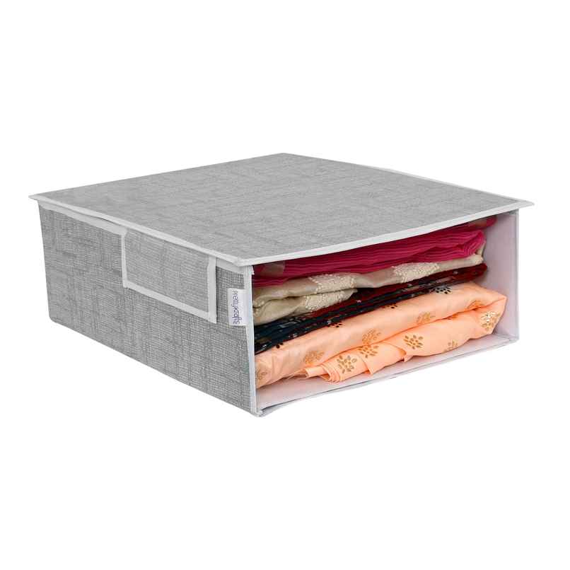 PrettyKrafts Stackable Saree Organizer Box - Grey Fabric Storage with Lid & Clear Window