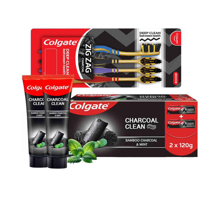Colgate Charcoal Clean Black Gel Toothpaste Deep Clean With Bamboo Charcoal & Wintergreen Mint (240g) & Colgate Zigzag Charcoal Medium Bristle Manual Toothbrush For Adults (4pc) Combo
