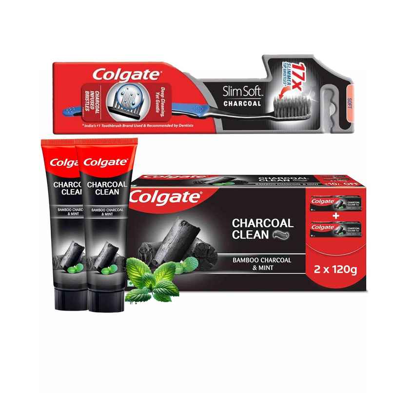 Colgate Charcoal Clean Black Gel Toothpaste Deep Clean With Bamboo Charcoal & Wintergreen Mint (240g) & Colgate Toothbrush - Slim Soft Charcoal (1pc) Combo