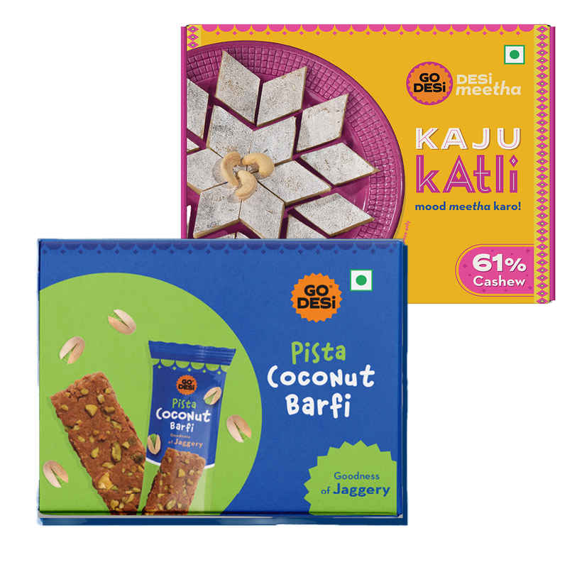 Premium Kaju Katli, 61% Cashew | Burfi | Kaju Katri | Sweets By Go Desi (180g) & Pista Coconut Barfi, 8 Pcs | Burfi | Sweets | By Go Desi (96g) Combo