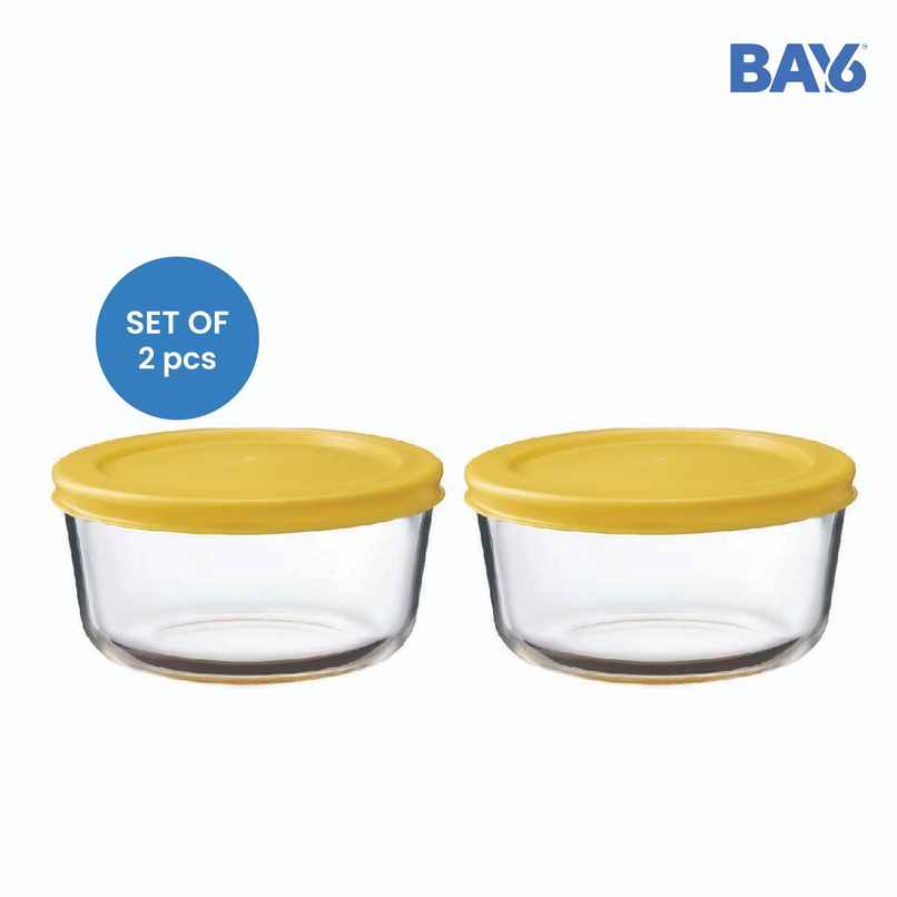 BAY6 Premium Imported Borosilicate Glass Container with Lid -236 ml - Round - Set of 2 - Yellow