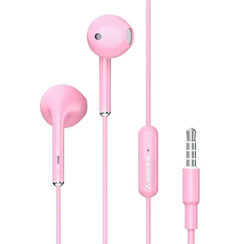 Ambrane Stringz 38 Lite Wired Headphones in Ear Earphones with in-Line Mic for Clear Calling, 14Mm Dynamic Drivers for Boostedbass, 3.5Mm Jack, Multi-Functional Controller - Pink