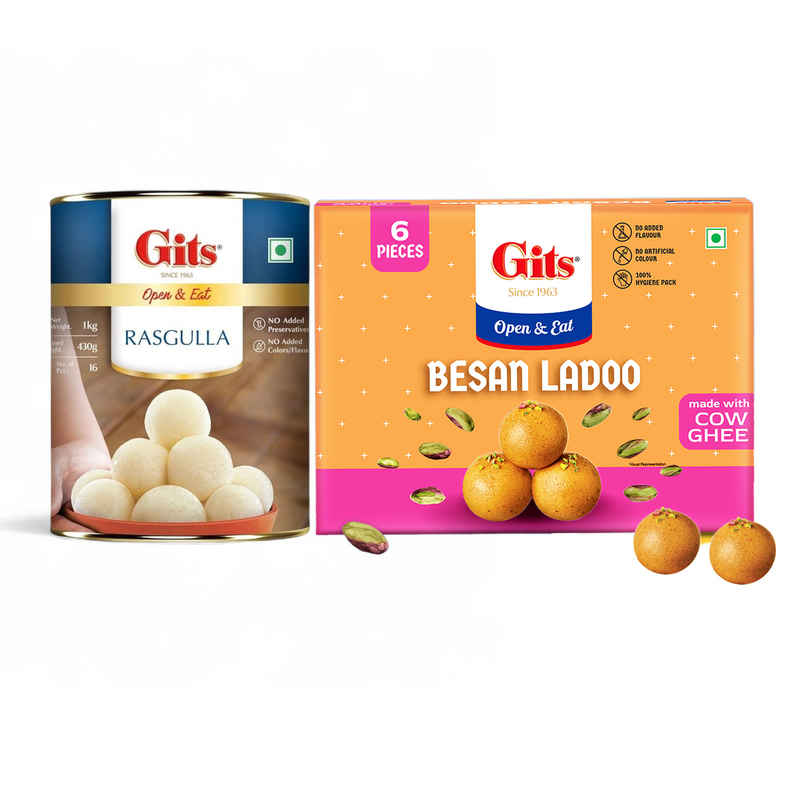 Gits Rasgulla Open & Eat (Tin) (1kg) & Gits Besan Laddoo (400g) Combo
