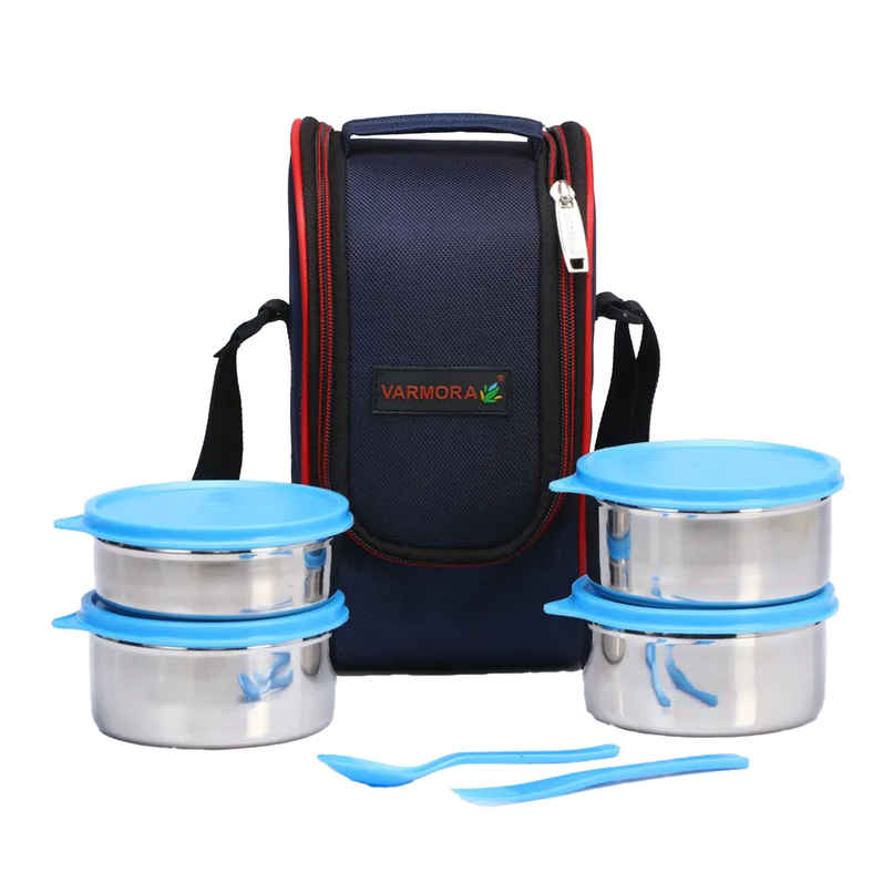 Varmora SS Mini Xclusive Lunch Box with Bag - Blue- 4 Storage Containers with Spoon and Fork Varmora SS Mini Xclusive Lunch Box with Bag - Blue- 4 Storage Containers with Spoon and Fork