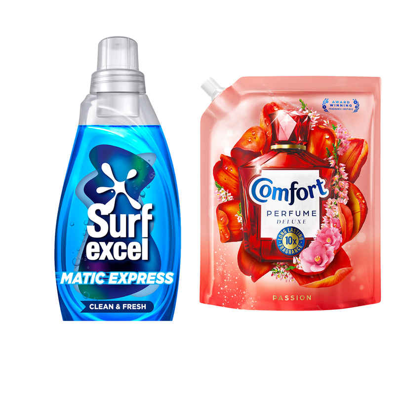 Surf Excel Matic Express Clean & Fresh (830ml) & Comfort Perfume Deluxe Passion (1.8L) Combo Surf Excel Matic Express Clean & Fresh (830ml) & Comfort Perfume Deluxe Passion (1.8L) Combo