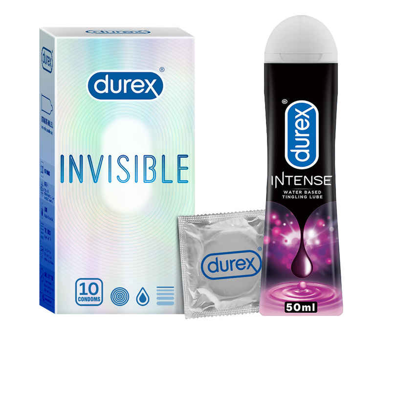 Durex Invisible Condom - Super Ultra Thin Condoms (10pc) & Durex Lube - Intense - Tingling Lubricant (50ml) Combo