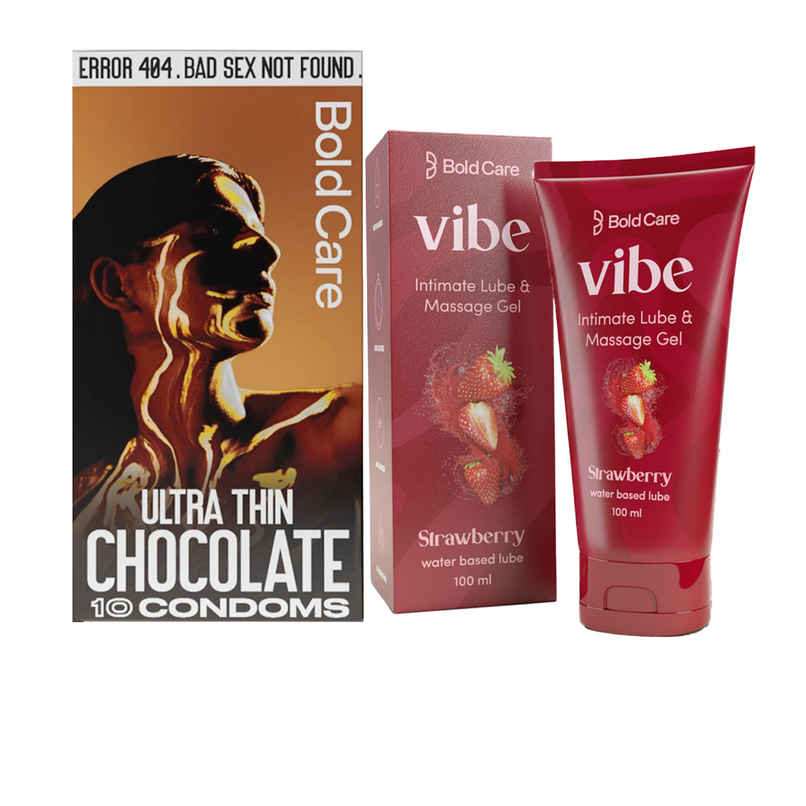 Bold Care Ultra Thin Chocolate Flavoured Condoms (10pc) & Bold Care Vibe - Strawberry Flavoured Water-Based Intimate Lube (100ml) Combo