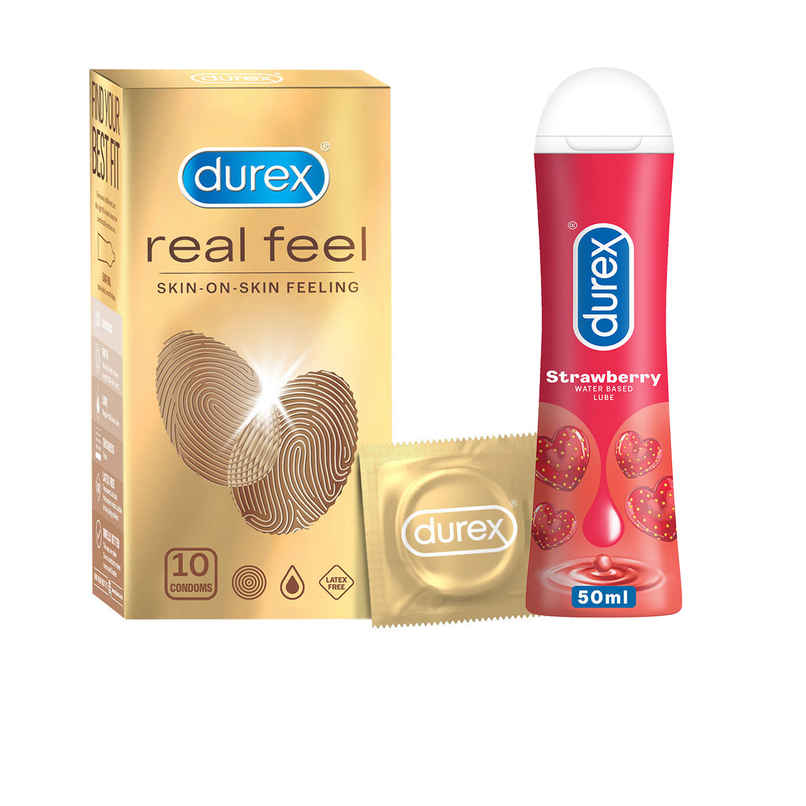 Durex Real Feel Condoms For Men - For Real Skin On Skin Feeling Latex Free (10pc) & Durex Lube - Strawberry - Flavoured Lubricant (50ml) Combo