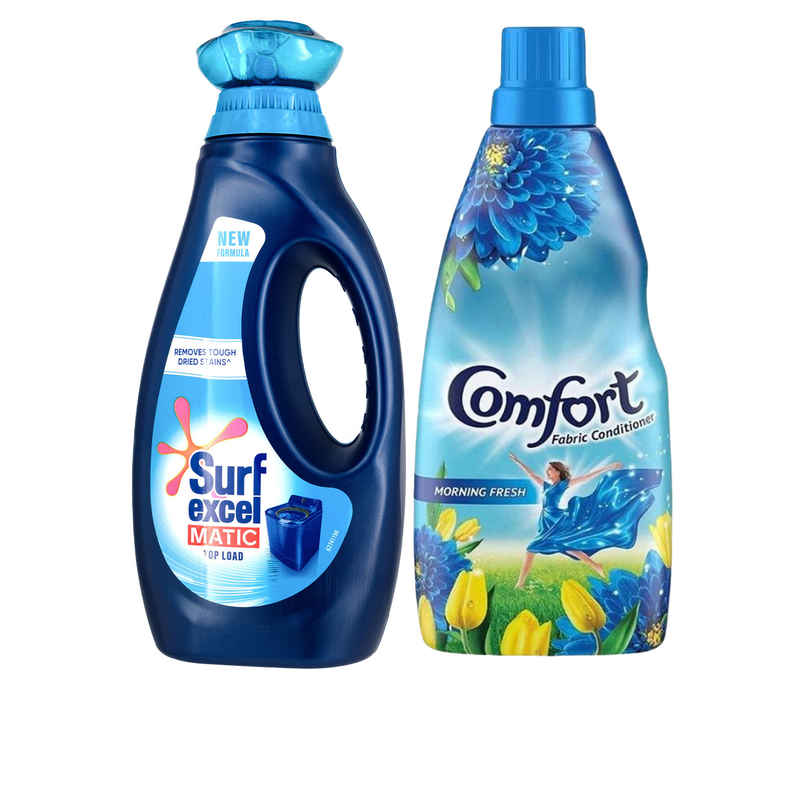 Surf Excel Matic Top Load Detergent Liquid Refill | Tough Dried Stain Removal (1L) & Comfort Morning Fresh After Wash Fabric Conditioner (860ml) Combo Surf Excel Matic Top Load Detergent Liquid Refill | Tough Dried Stain Removal (1L) & Comfort Morning Fresh After Wash Fabric Conditioner (860ml) Combo