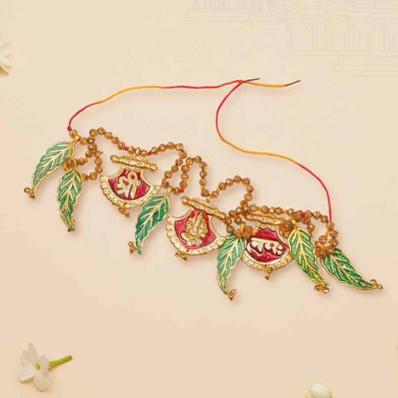 Ganesh With Beads & Mango Leaf Toran | Red & Green | Devnidhii Ganesh With Beads & Mango Leaf Toran | Red & Green | Devnidhii