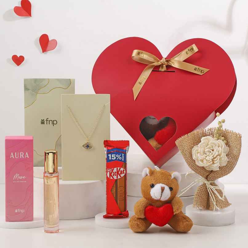 Love Indulgence Romantic Gift Hamper in Heart Box | FNP