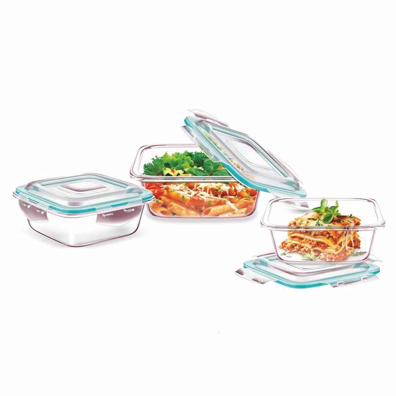 SignoraWare Lock 'N' Store Borosilicate Glass Container Square, 320Ml+520Ml+800Ml, Set/3, 1731Clear