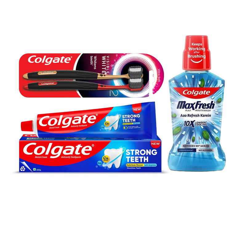 Colgate Visible White O2 Toothbrush (2pc) & Colgate Plax Peppermint Mouthwash (250ml) & Colgate Strong Teeth Anticavity Toothpaste (200g) Combo