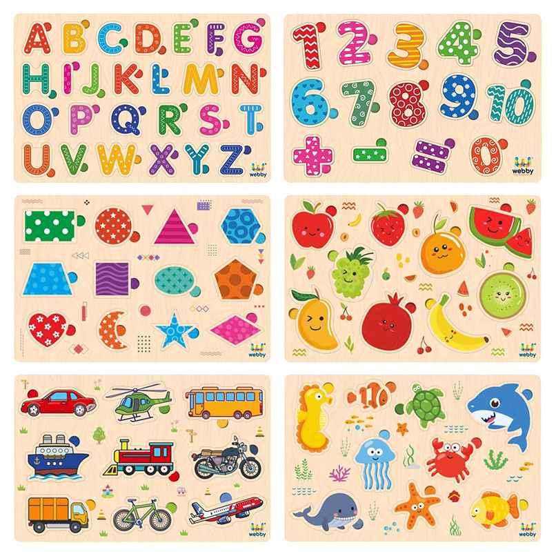 Webby Wooden Colorful Alphabets, Counting Numbers and Shapes Puzzle for Preschool Kids - Set of 6