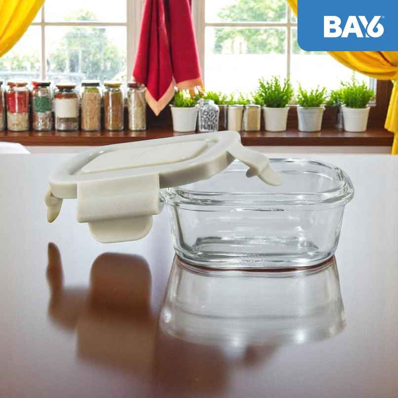 BAY6 Premium Imported Borosilicate Glass Container with Lid 120 ml - Rectangle - Beige