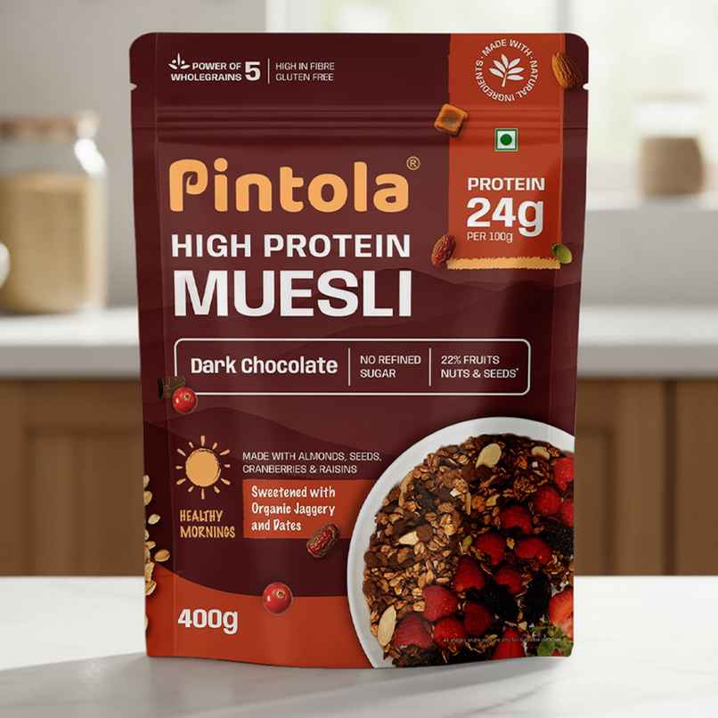 Pintola High Protein Muesli Dark Chocolate & Cranberry, 24 g Protein, High Fibre, Trans Fat Free