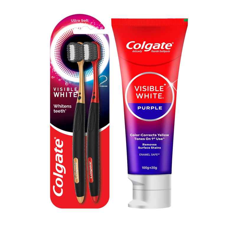 Colgate Visible White O2 Toothbrush (2pc) & Colgate Visible White Purple Toothpaste | Color-Corrects Yellow Tones (120g) Combo