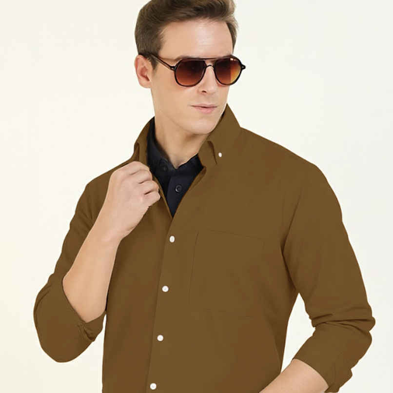Hancock Men's Slim Fit Solid Button-Down Collar Pure Cotton Casual Shirt | Camel Brown - 38