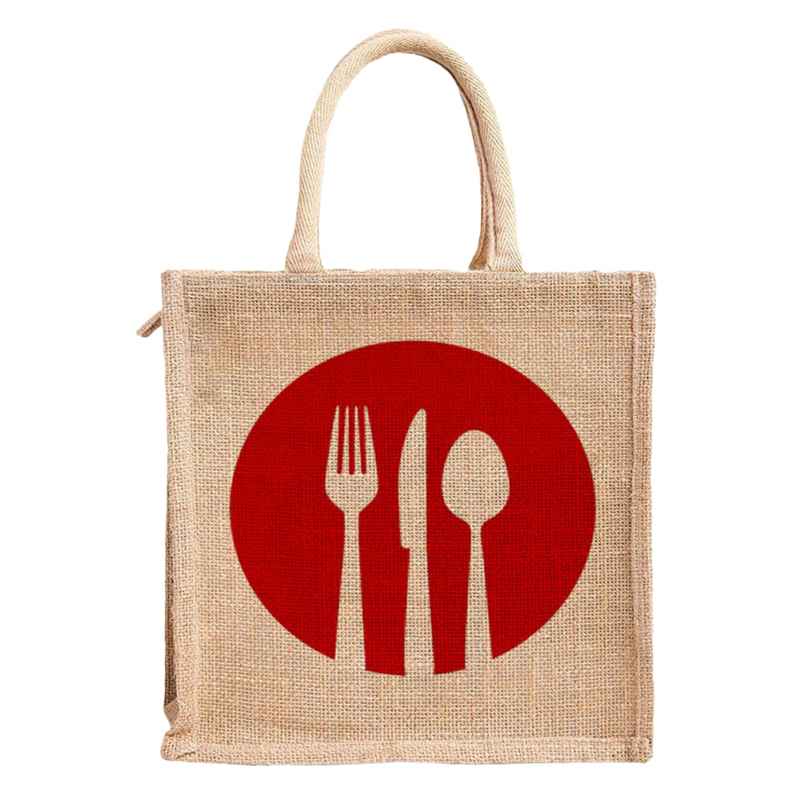 Kuber Industries Jute Red Spoon Fork Grocery Bag|Zipper Shopping Bag with Handle|Brown Kuber Industries Jute Red Spoon Fork Grocery Bag|Zipper Shopping Bag with Handle|Brown