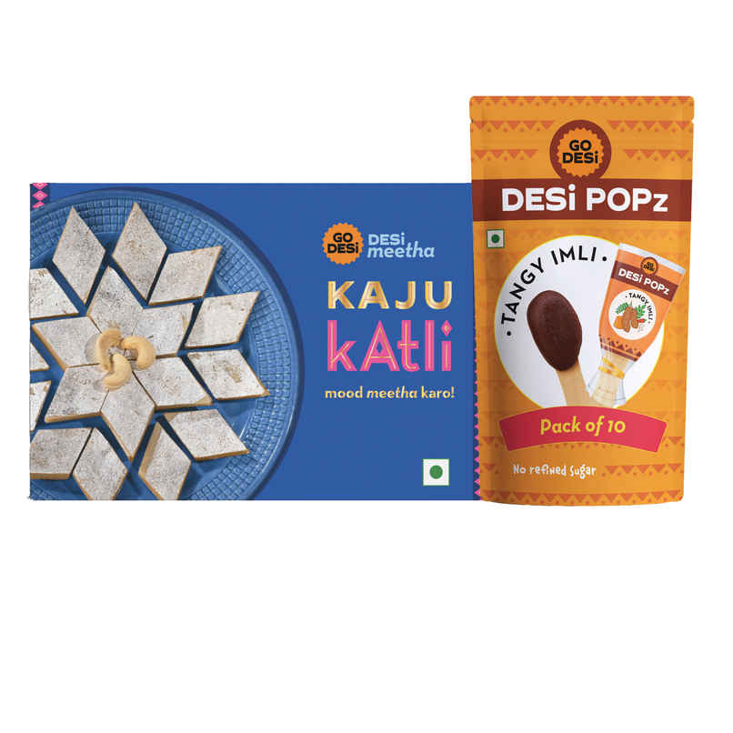 Kaju Katli Classic | Kaju Barfi | Sweets | By Go Desi (200g) & Tangy Imli (Tamarind) 10 Pcs Sour Candy | No Refined Sugar | Lollipop By Go Desi (10pc) Combo 