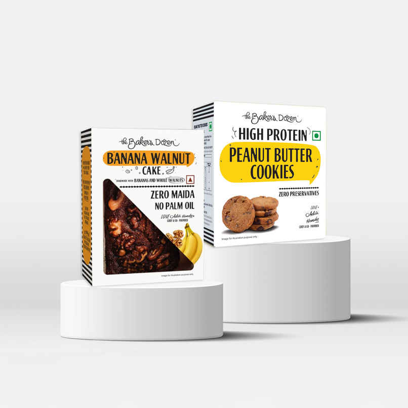 The Baker'S Dozen Wholewheat Banana Walnut Cake (150g) & The Baker'S Dozen High Protein Peanut Butter Cookies Biscuits | Artificial Colour-Free Cookies (75g) Combo