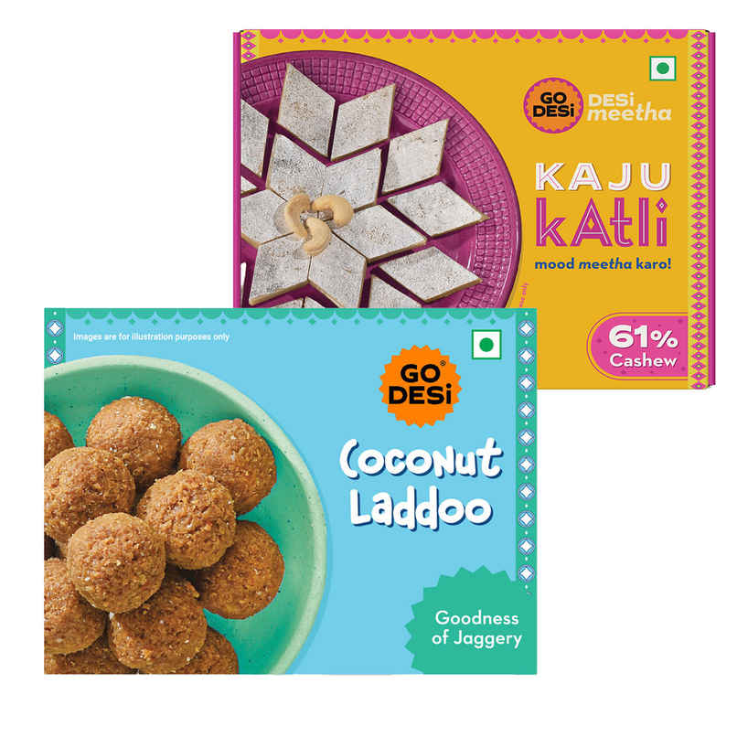 Premium Kaju Katli, 61% Cashew | Burfi | Kaju Katri | Sweets By Go Desi (180g) & Coconut Laddu | Ladoo | Sweets By Go Desi (200g) Combo