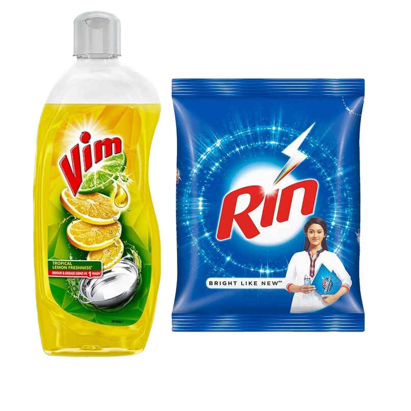 Vim Lemon Dishwash Liquid Gel (500ml) & Rin Detergent Powder (1kg) Combo