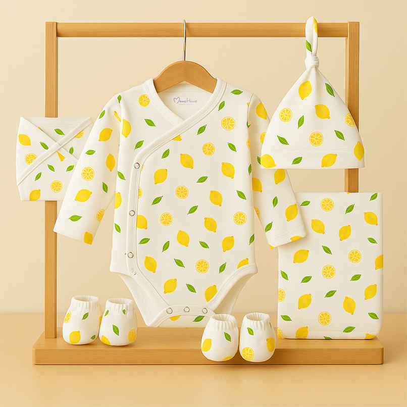 Moms Home Organic Cotton New Born Gift Set | 0-3 Months | 7 Items | Lemon