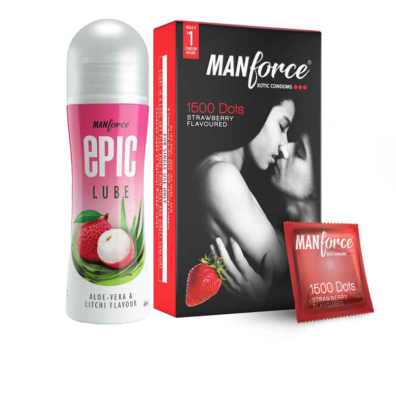 Manforce Xotic Extra Dotted Strawberry Flavoured Condoms (10pc) & Manforce Epic Lube - Aloe-Vera & Litchi (60ml) Combo 