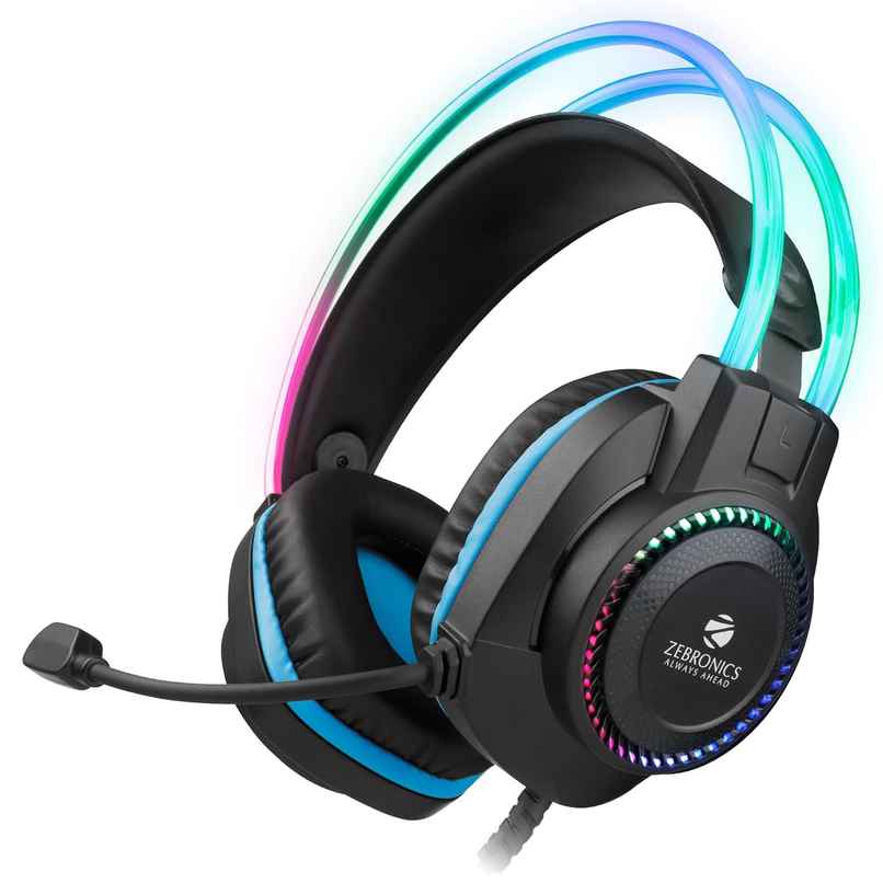 Zebronics Jet PRO Premium Wired Gaming On Ear Headphone with LED for Headband + earcups, 40mm Neodymium Drivers, 2 Meter Braided Cable, with mic, Suspension Design, 3.5mm + USB Connector - Black, Blue