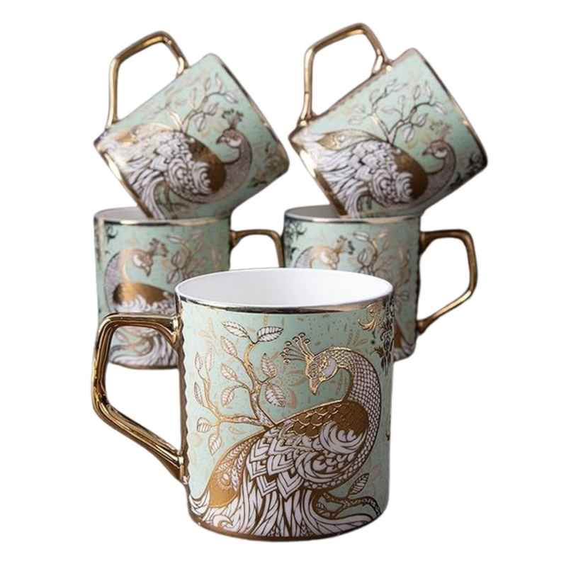 Femora Premium Peacock Ceramic Golden Tea Cup Set Of 6, 180 ml