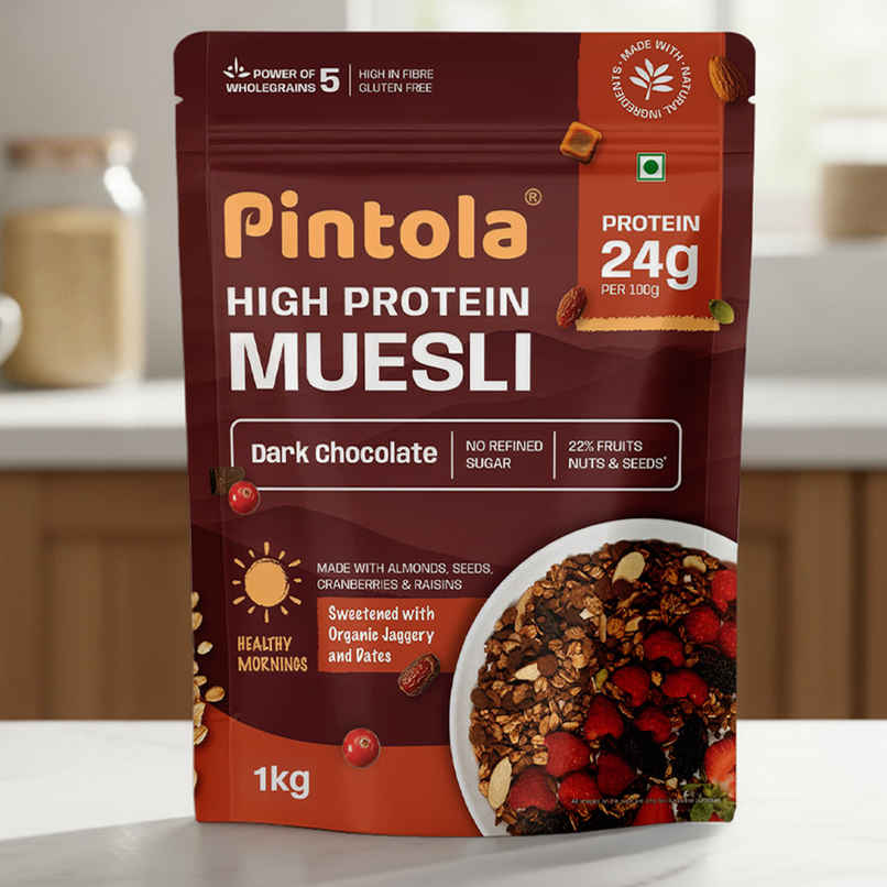 Pintola High Protein Muesli Dark Chocolate & Cranberry, 24 g Protein, High Fibre, Trans Fat Free Pintola High Protein Muesli Dark Chocolate & Cranberry, 24 g Protein, High Fibre, Trans Fat Free
