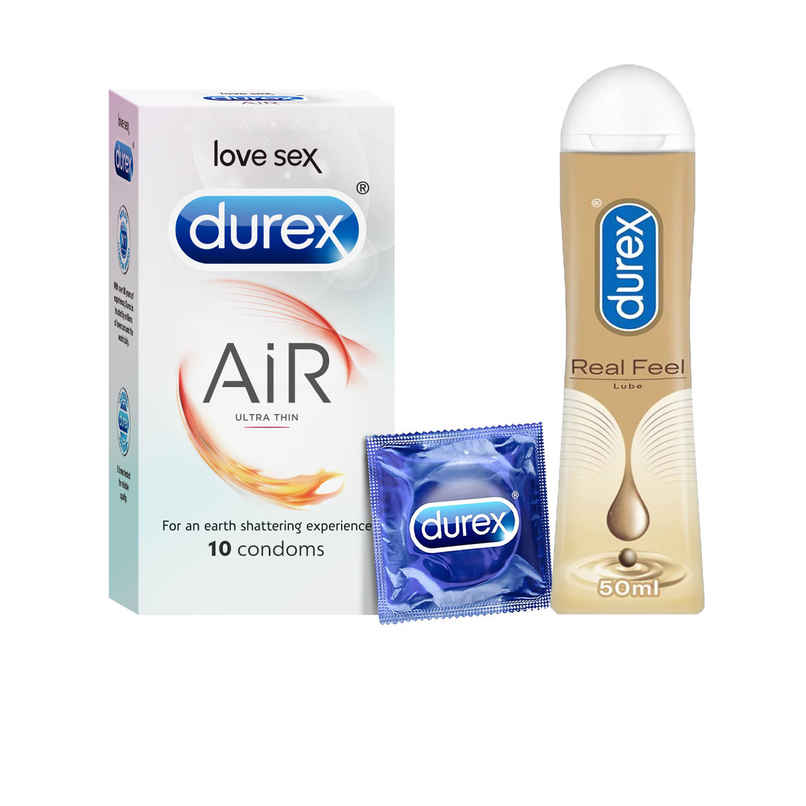 Durex Air Condom - Ultra Thin Condoms (10pc) & Durex Lube - Real Feel - Long Lasting Lubricant (50ml) Combo