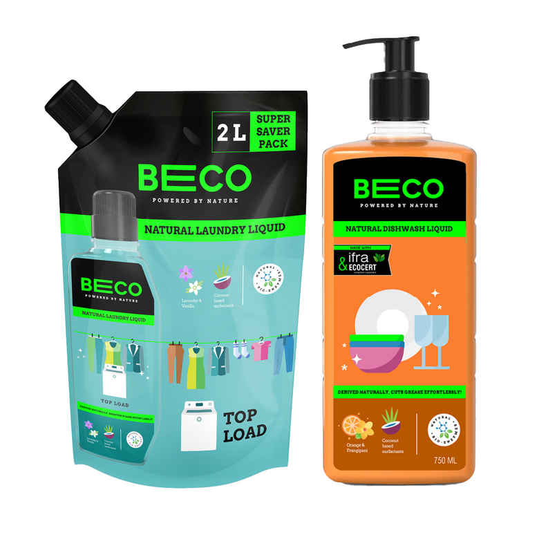 Beco Top Load Laundry Detergent Liquid Refill (2L) & Beco Eco-Friendly Dishwash Liquid (750ml) Combo