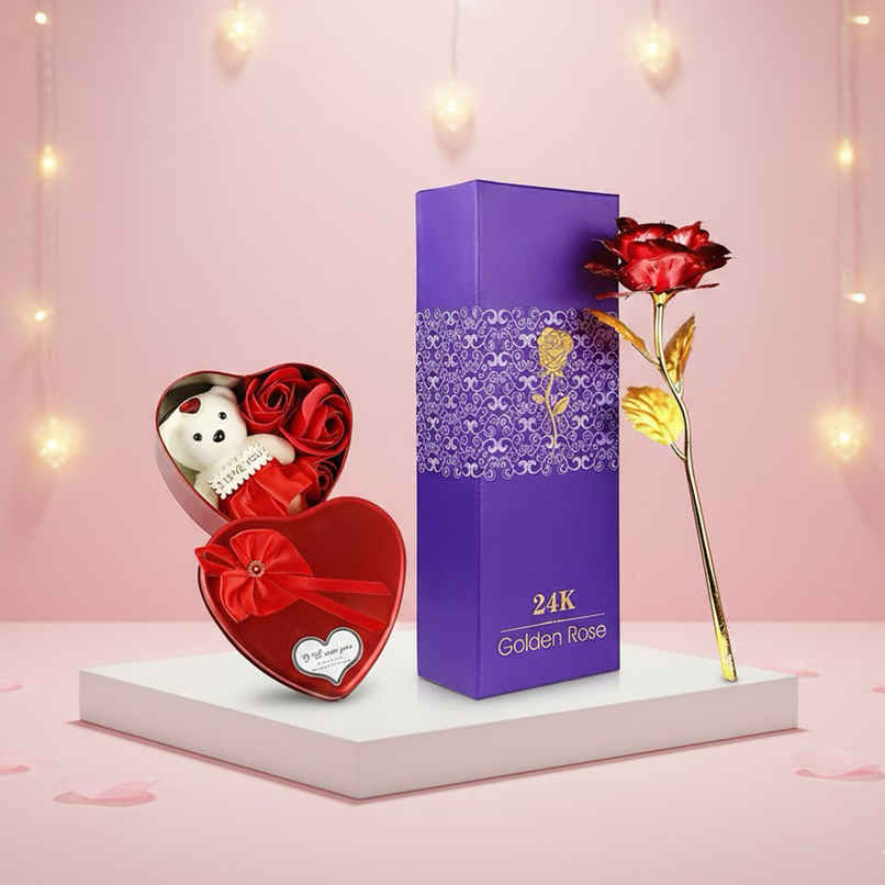 Golden Rose Flower Teddy Heart Gift Hamper Combo | Perpetual Mart