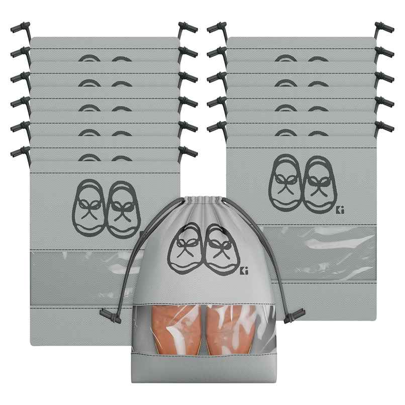 Kuber Industries Non Woven Pack of 12 Shoe Cover/String Bag Organizer Transparent Window | Grey
