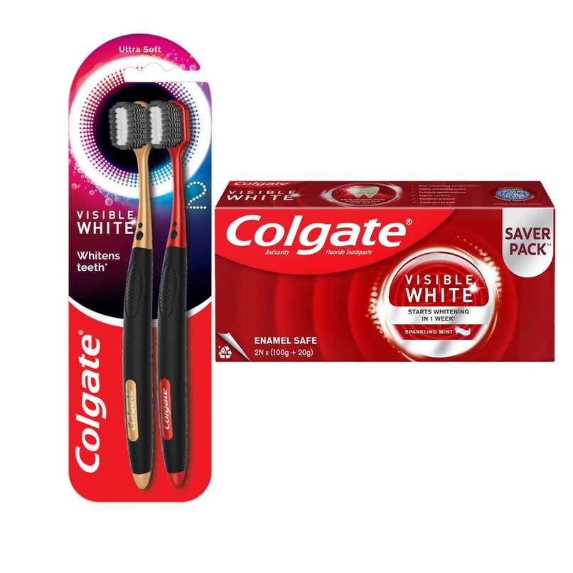 Colgate Visible White O2 Toothbrush & Colgate Visible White Toothpaste, Teeth Whitening ,Combo