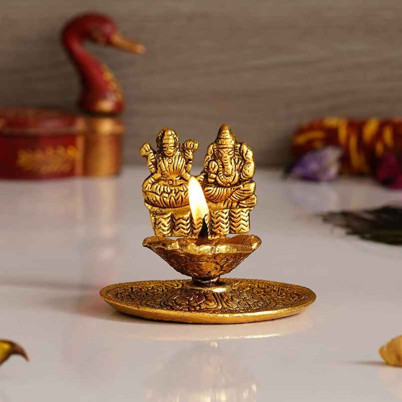 Ecraftindia Goddess Laxmi & Lord Ganesha Golden Metal Diya