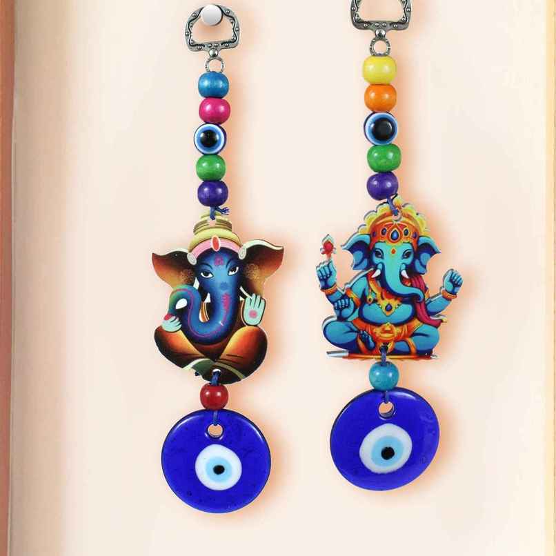 Tied Ribbons Set of 2 Feng Shui Blue Evil Eye Ganesha Pendant Ornament Amulet