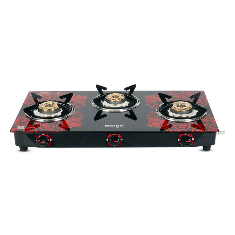 Milton Premium Red Manual Ignition Glass Top Gas Stove | ISI Certified | 3 Burner Milton Premium Red Manual Ignition Glass Top Gas Stove | ISI Certified | 3 Burner
