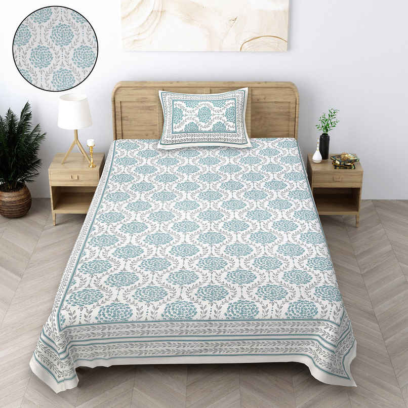 BAY6 100% Cotton Single Rajasthani Bedsheet - 90 in x 60 in - Floral Teal Design with Leaves