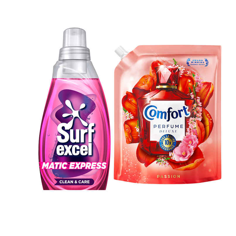 Surf Excel Matic Express Clean & Care (830ml) & Comfort Perfume Deluxe Passion (1.8L) Combo Surf Excel Matic Express Clean & Care (830ml) & Comfort Perfume Deluxe Passion (1.8L) Combo