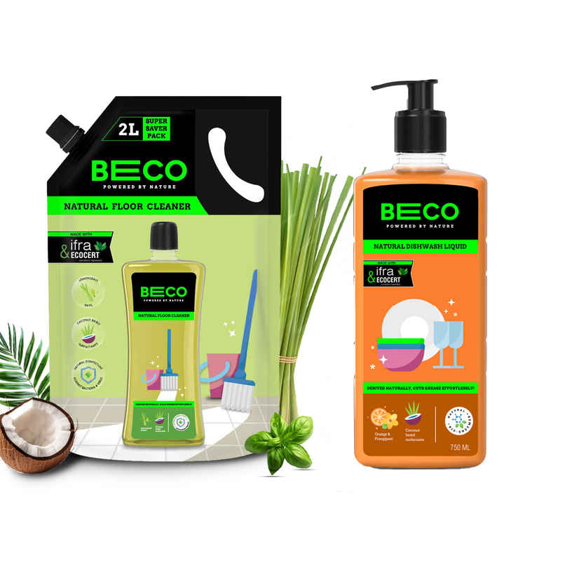 Beco Lemongrass & Basil Freshness Natural Disinfectant Floor Cleaner Refill Pack (2L) & Beco Eco-Friendly Dishwash Liquid (750ml) Combo