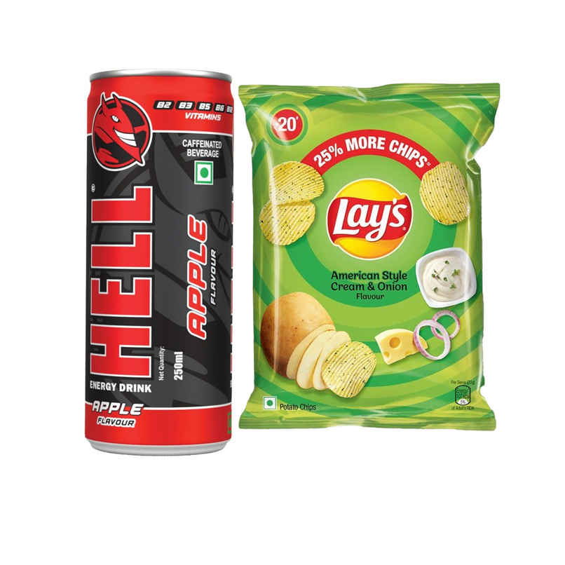 Hell Energy Drink Apple Flavoured Drink (250ml) & Lay'S American Cream & Onion Potato Chips (48g) Combo
