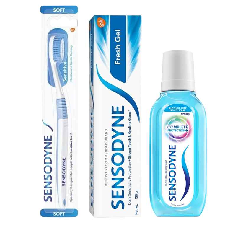 Sensodyne Freshgel Tube (150g) & Sensodyne Complete Protection+ Mouthwash (250ml) & Sensodyne Sensitive Toothbrush With Soft Round Bristles - Assorted (1pc) Combo