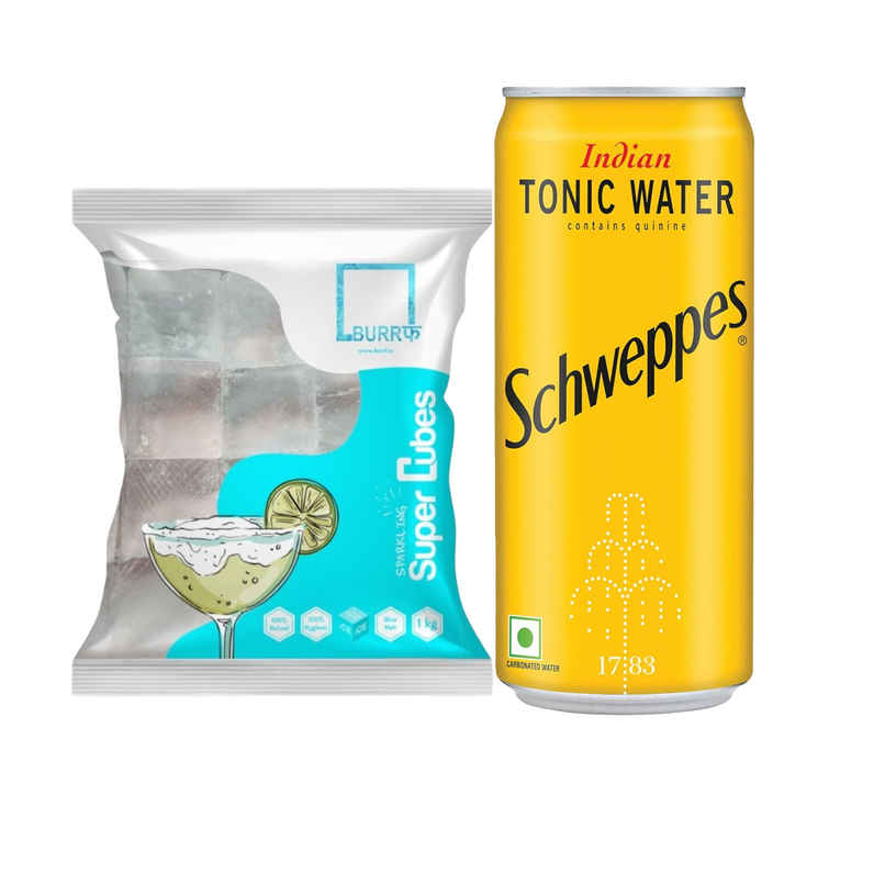 Burrf Super Cubes Ice Cubes (1kg) & Schweppes Indian Tonic Water (300ml) Combo Burrf Super Cubes Ice Cubes (1kg) & Schweppes Indian Tonic Water (300ml) Combo