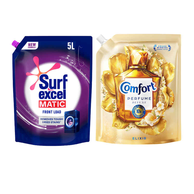 Surf Excel Matic Front Load Detergent Liquid | Pouch (5L) & Comfort Perfume Deluxe Elixir (1.8L) Combo Surf Excel Matic Front Load Detergent Liquid | Pouch (5L) & Comfort Perfume Deluxe Elixir (1.8L) Combo