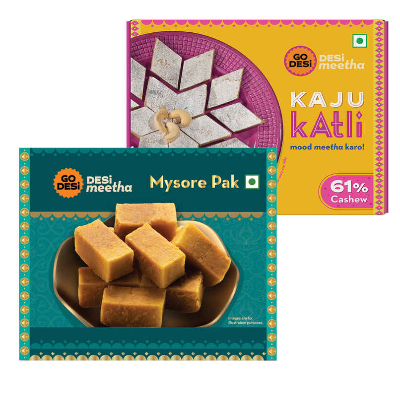 Mysore Pak | Sweets By Go Desi (200g) & Premium Kaju Katli, 61% Cashew | Burfi | Kaju Katri | Sweets By Go Desi (180g) Combo 