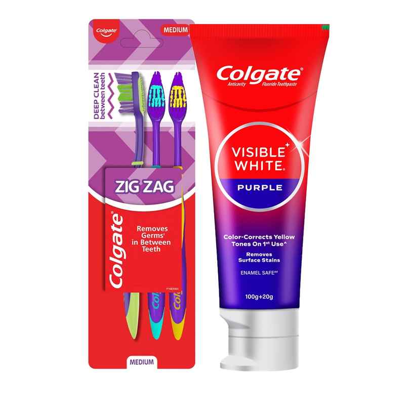 Colgate Zigzag Medium Bristle Toothbrush, Compact Brush Head For Deep & Complete Cleansing (3pc) & Colgate Visible White Purple Toothpaste | Color-Corrects Yellow Tones (120g) Combo